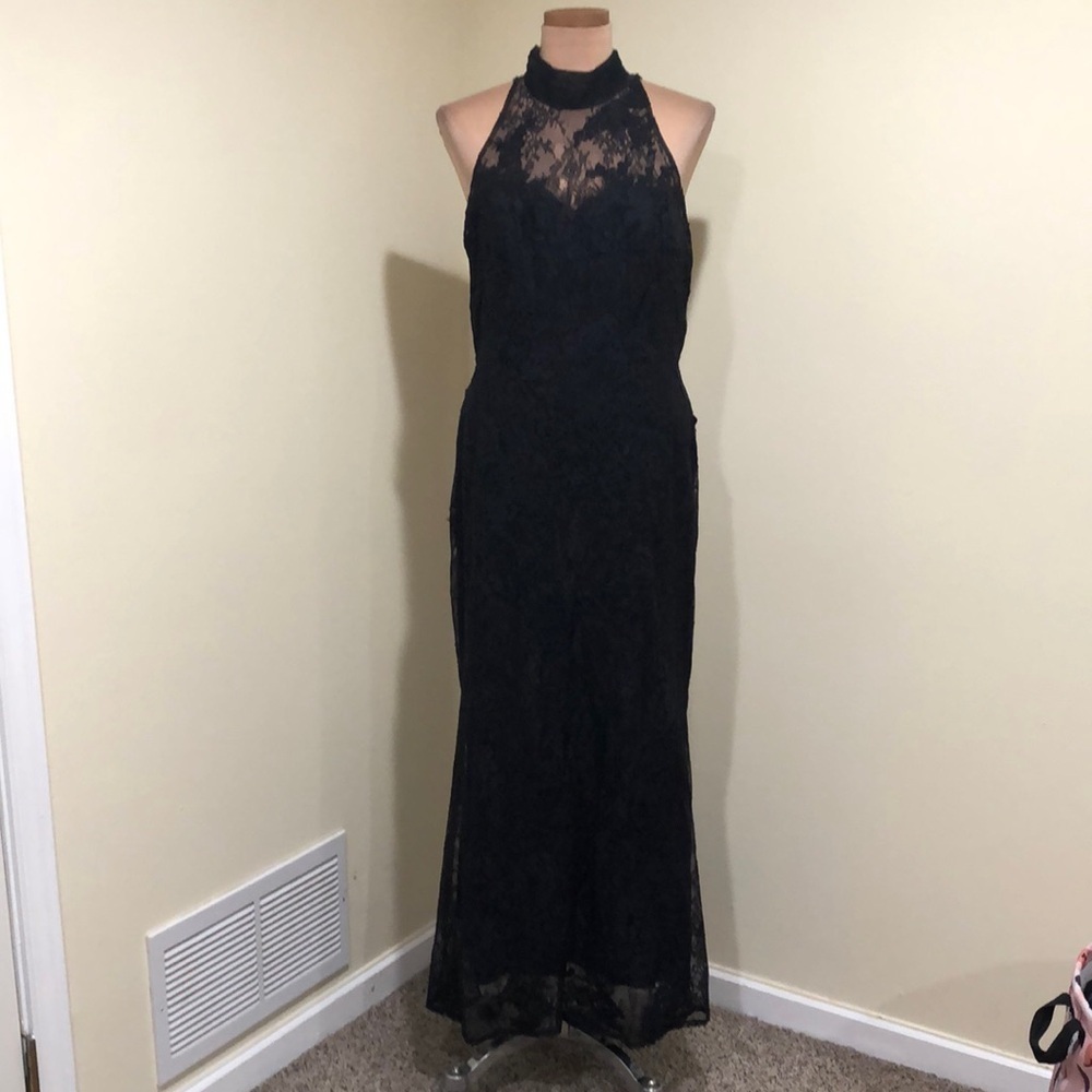 Badgley Mischka Lace Column Gown Size 2 Black Floral Lace - Picture 2 of 11